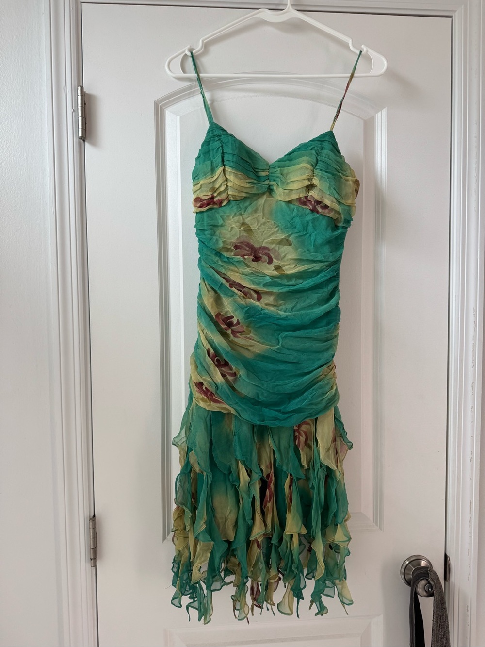 Sue Wong, Vintage Green Floral Ruffled Spaghetti-Strap Dress